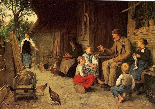Farmer talking to children